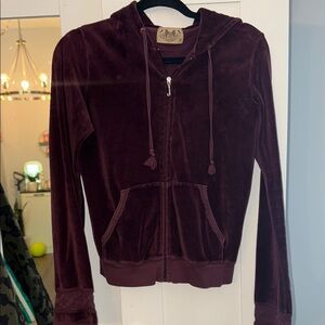 Juicy Couture Maroon Velvet Hoodie with patterned sleeve size M